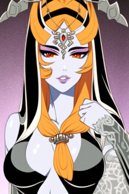 masterpiece, best quality, portrait of midna, dusk, full body, pelvic curtain, legs, slim, 1girl, breasts, colored sclera, blue skin, forehead jewel, front ponytail, grey skin, large breasts, lips, long hair, looking at viewer, midna, orange hair, solo, yellow sclera, intricate hair, official art