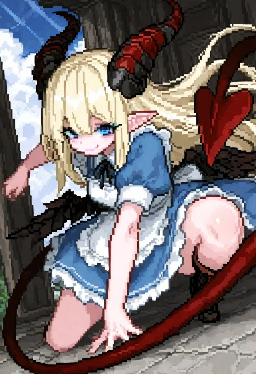 masterpiece, best quality, Good quality, very aesthetic, absurdres, newest,1girl, cloud, cloudy sky, day, light rays, looking at viewer, sky, smile, solo,
BREAK
raytracing, volumetric lighting, ambient occlusion, girl, background, masterpiece, best quality, very awa, absurdres,
BREAK
masterpiece,amazing quality,best quality,ultra-detailed,8K,illustration,CG,shiny hair,ultra-detailed-eyes, detailed background,cute girl, eyelashes, erotic,
BREAK
(sexy, slutty, hot, aroused),
Alice, segmented horns, leathery wings, hip wings, prehensile tail, spade-tipped tail, blonde hair, pointy ears, blue eyes, red leather, blue dress, apron
BREAK
pixel art, solo focus, only girl, dynamic pose, action,