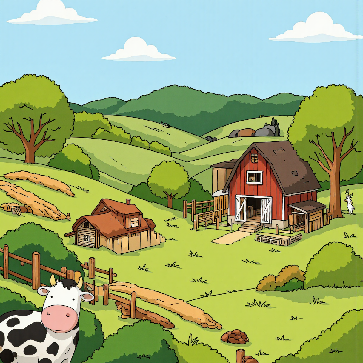 cartoon, a farm background