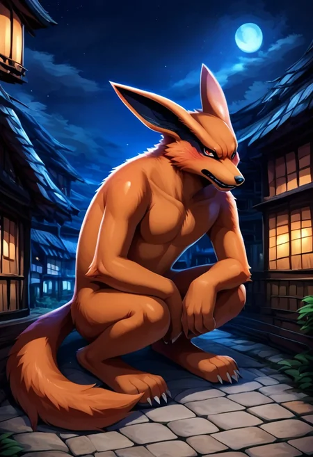 BREAK Score_9_up, Score_8_up, Score_7_up, source_anime, kurama, solo, full body, male, Kurama, orange fur, fur all over the body, black lips, night, detailed background, town background, half body shadow, ambient light on the body,