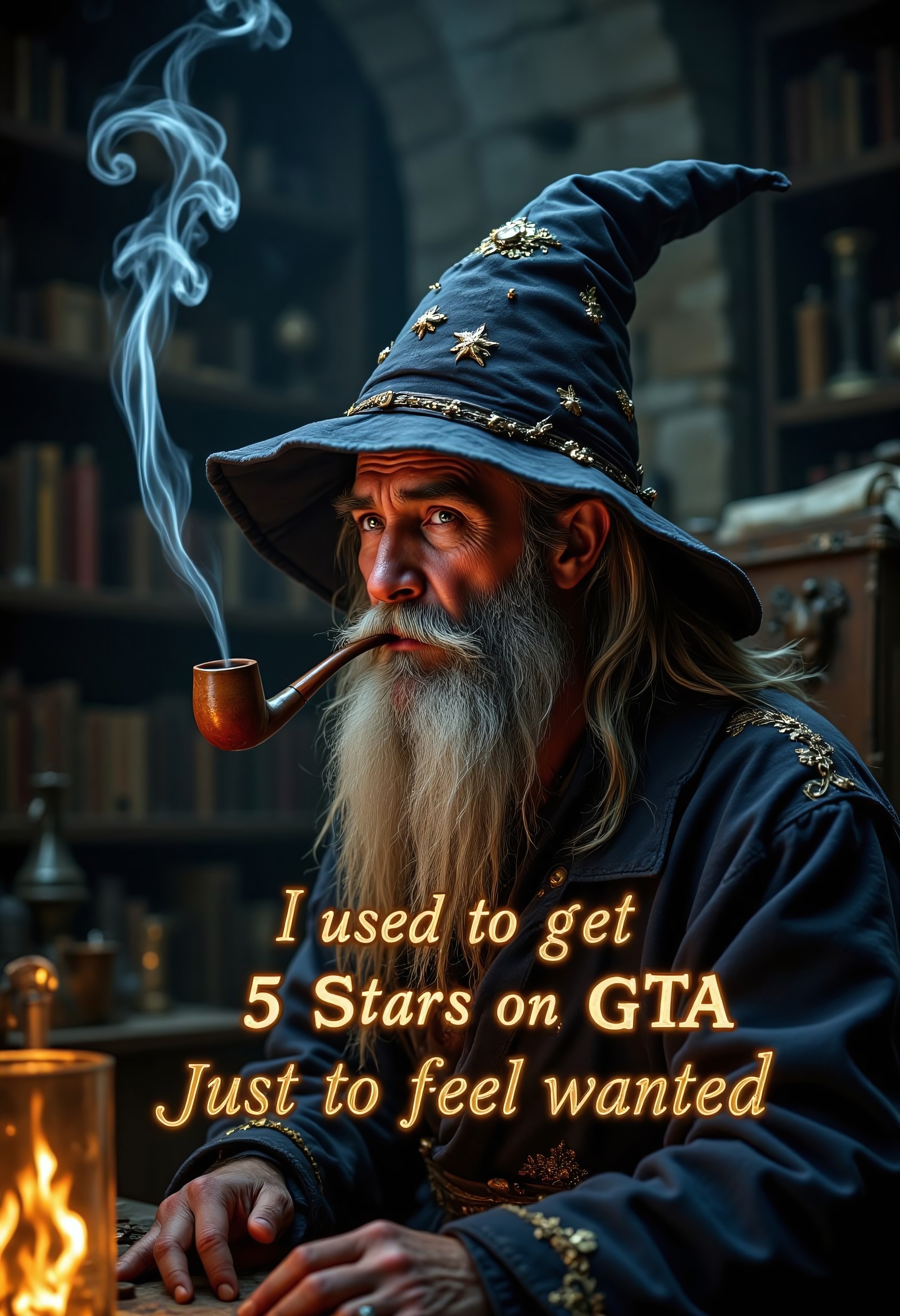 A melancholy old wizard sits alone in a dimly lit stone chamber, the flickering light of a small fire casting long, dancing shadows on the rough walls. His weathered face is framed by a long, flowing gray beard, streaked with white, and his tattered pointed hat droops slightly to one side. The wizard gazes into the distance, his heavy-lidded eyes filled with sorrow and nostalgia, as he puffs on a wooden pipe, the smoke curling lazily upward in ethereal, glowing tendrils. His robe, once resplendent with mystical patterns, is now faded and frayed, its colors muted by time. The background hints at shelves crammed with dusty books, ancient scrolls, and forgotten magical artifacts.

In the middle of the image, overlaid text in an elegant, glowing script reads:
'I Used to Get 5 Stars on GTA Just to Feel Wanted.'