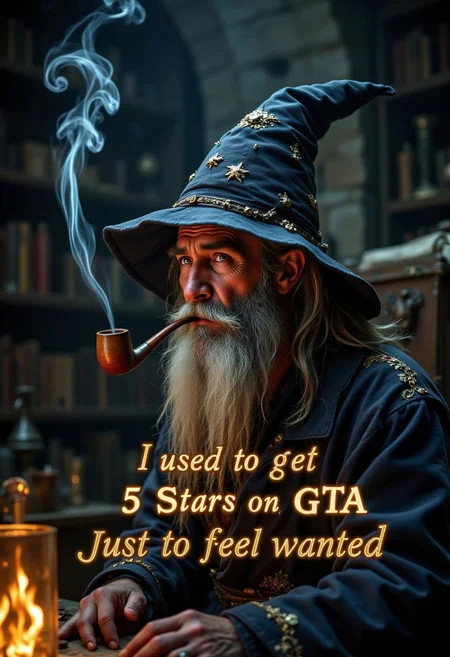 A melancholy old wizard sits alone in a dimly lit stone chamber, the flickering light of a small fire casting long, dancing shadows on the rough walls. His weathered face is framed by a long, flowing gray beard, streaked with white, and his tattered pointed hat droops slightly to one side. The wizard gazes into the distance, his heavy-lidded eyes filled with sorrow and nostalgia, as he puffs on a wooden pipe, the smoke curling lazily upward in ethereal, glowing tendrils. His robe, once resplendent with mystical patterns, is now faded and frayed, its colors muted by time. The background hints at shelves crammed with dusty books, ancient scrolls, and forgotten magical artifacts.
In the middle of the image, overlaid text in an elegant, glowing script reads:
'I Used to Get 5 Stars on GTA Just to Feel Wanted.'