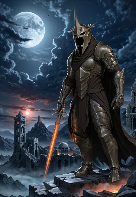 Score_9, score_8_up, score_7_up, With King hidden face, looking at viewer, armored fell beast, helmet, holding sword, nigh, clouds, ancient city, ruined city, masked warrior, mordor, solo helmet, walking, night, moon, moonlight , full body view,(holding sword, spreaded arms, t pose:1.3), flaming sword