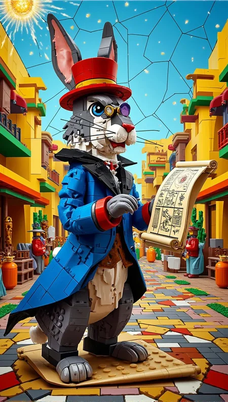 <lora:11FFD5A449D6E4CB9C9CBB11653521C5792F3505EF6B71F1B8A31B82F3C4CD4C.safetensors:1> lego scene
In the heart of an ancient Aztec city, a majestic rabbit stands tall, its form fragmented into a vivid mosaic of bold, primary and secondary colors. The rabbit, an adult with a distinguished look, wears a vibrant blue tailcoat, each section of the coat meticulously outlined in black, creating a stark, geometric contrast. Its top hat, a bold red, is perched atop its head, the brim adorned with a delicate green feather. A monocle, colored a deep purple, rests by its eye, the lens a perfect circle of clear glass, surrounded by intricate black lines that form a whimsical frame.
The background is a bustling cityscape, fragmented into a kaleidoscope of shapes and colors. The buildings are depicted in a mix of bright yellows, oranges, and greens, each wall and roof a distinct segment of the mosaic. The streets are alive with the activity of the city, the market stalls and temples rendered in a playful, abstract style. The sky above is a serene blue, speckled with golden sunbeams that cast no shadows, only adding to the flat, enchanted quality of the scene.
The rabbit's eyes, a deep, intense blue, convey a sense of wisdom and mischief. Its paws, each a patchwork of red and white, rest casually on a scroll that unfurls, revealing a map of the city. The overall mood is one of joyful surrealism, where the familiar is reimagined in a dreamlike, vibrant world.