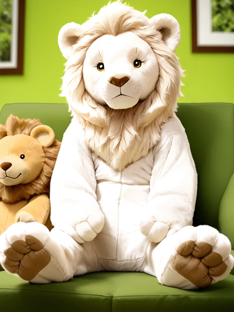 T3DDYB34R, plushie, lion, mane, (white fur), photograph, photorealism, sitting, living room, sofa, green background, <lora:TeddyBear-IL:0.8>, uploaded on e621, (detailed background, depth of field), (intricate:1.1), (high detail:1.2), (soft focus), (masterpiece, best quality, 4k, 2k, shaded, absurd res)