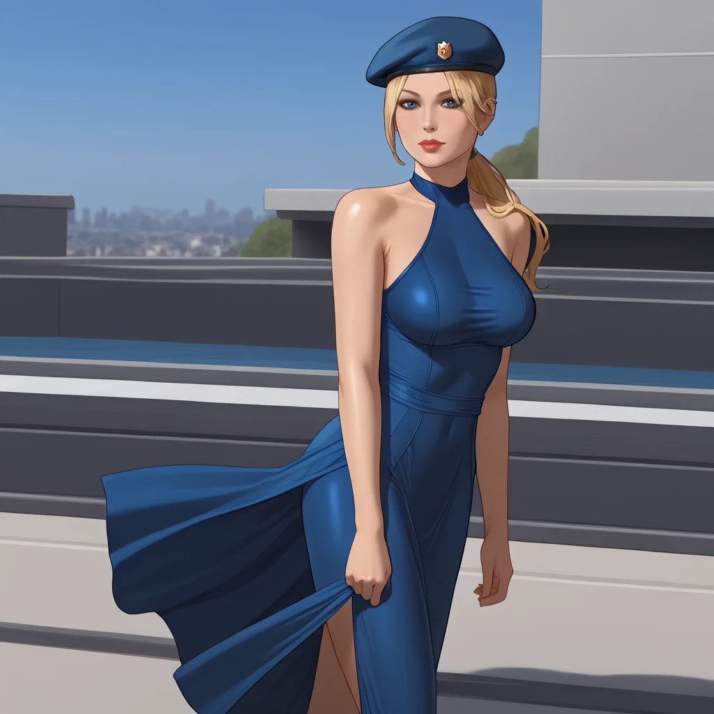 <lora:sonyablademkvsdc_pony_v1:.8>  SonyaBladeMKDC, 1girl, solo, blonde hair, medium breasts, long hair, beret, ponytail, lips, cowboy shot, <lora:0932 Home wear 9_v1_pony:1> ruanyi0932,blue dress,halter dress,sleeveless,cowboy shot,taut dress,skin tight,long dress