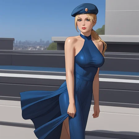 <lora:sonyablademkvsdc_pony_v1:.8>  SonyaBladeMKDC, 1girl, solo, blonde hair, medium breasts, long hair, beret, ponytail, lips, cowboy shot, <lora:0932 Home wear 9_v1_pony:1> ruanyi0932,blue dress,halter dress,sleeveless,cowboy shot,taut dress,skin tight,long dress