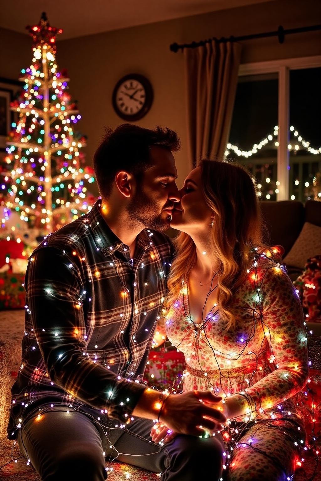Close up portrait of a couple, wrapped by Christmas Lights. kissing under a Christmas Tree in their living room. <lora:xmaslight3_nocap_d6a3:1.0><lora:808780193666725662:0>