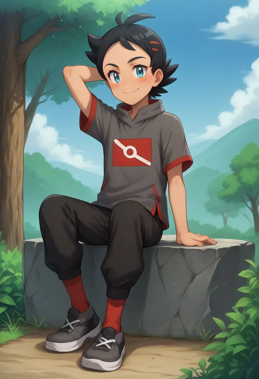 score_9, score_8_up, source_anime, highly detailed, 1boy, solo, skinny, human child,
go2, blue eyes, smile, male focus, closed mouth, tree, shirt, short sleeves, black hair, grey shirt, black pants, red socks, eyelashes, blush, smile, hand behind head,
outdoor, sit, rocks, full body,