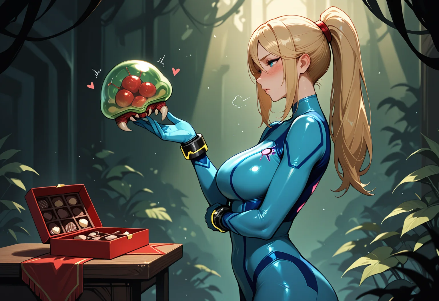 masterpiece, high score, great score, absurdres, 1girl, Samus Aran receiving a chocolate box, blushing, valentine gift, baby Metroid, hearts, standing, from side, abstract background, volumetric lighting