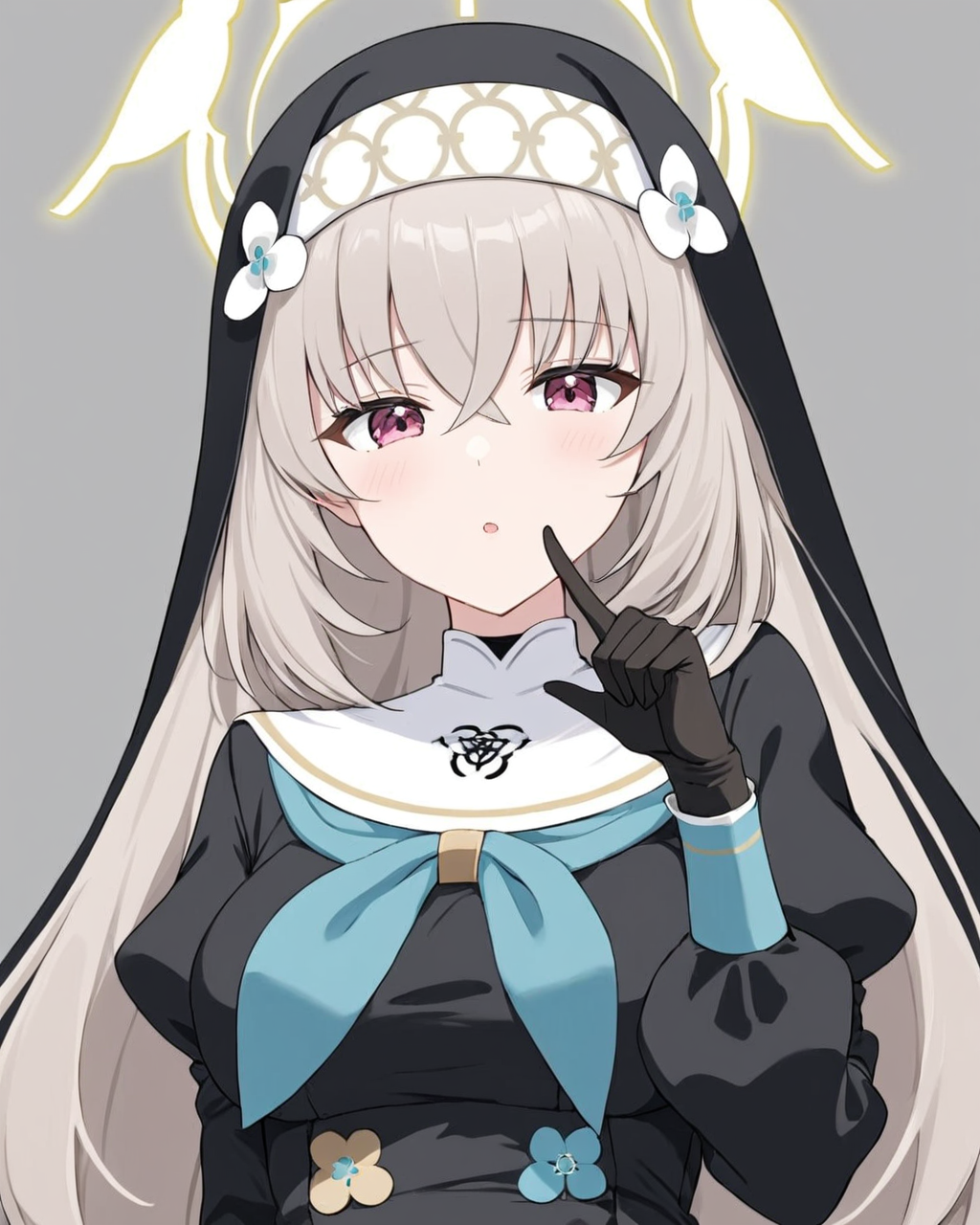 sakurako \(blue archive\),1girl, nun, solo, habit, halo, black_gloves, looking_at_viewer, upper_body, parted_lips, long_sleeves, index_finger_raised, black_dress, grey_background, breasts, puffy_sleeves, flower, lips, simple_background, finger_to_mouth
<lora:sakurako_(blue_archive)_image854_2023-11-28-000015:1>halo. gorgeous,key visual, vibrant, studio anime,award-winning, professional, highly detailed,high budget, cinemascope