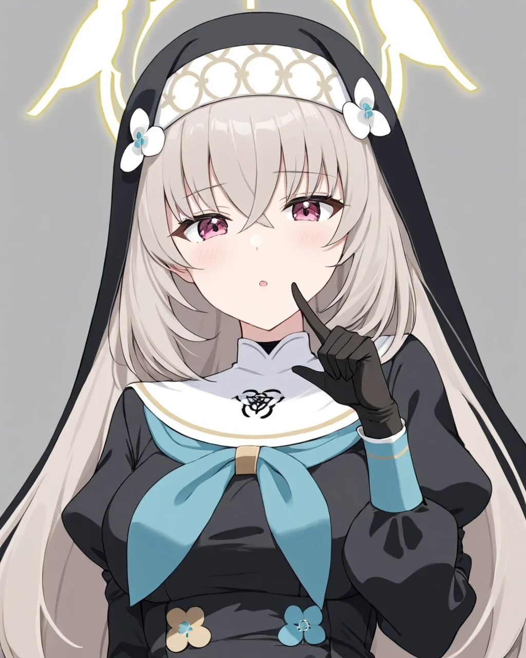 sakurako \(blue archive\),1girl, nun, solo, habit, halo, black_gloves, looking_at_viewer, upper_body, parted_lips, long_sleeves, index_finger_raised, black_dress, grey_background, breasts, puffy_sleeves, flower, lips, simple_background, finger_to_mouth
<lora:sakurako_(blue_archive)_image854_2023-11-28-000015:1>halo. gorgeous,key visual, vibrant, studio anime,award-winning, professional, highly detailed,high budget, cinemascope