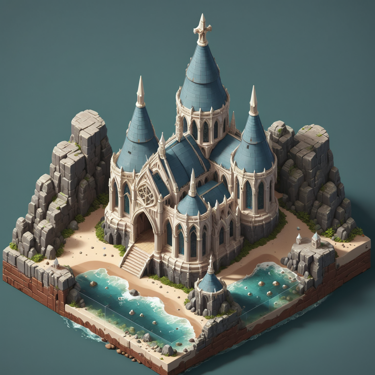 Elven Architecture Isometric elvish cathedral on a rocky beach <lora:Elven Structures Isometric:1>