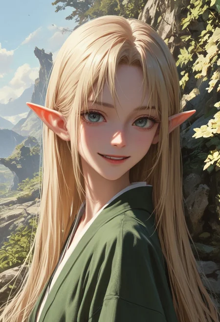 score_9, score_8_up, score_7_up, score_6_up, score_5_up, score_4_up, sharp focus,
focus on tigh,
female elf , long blonde hair,
playful smile,
detailed background, sharp background, japanese landscape painting,
OverallDetail,