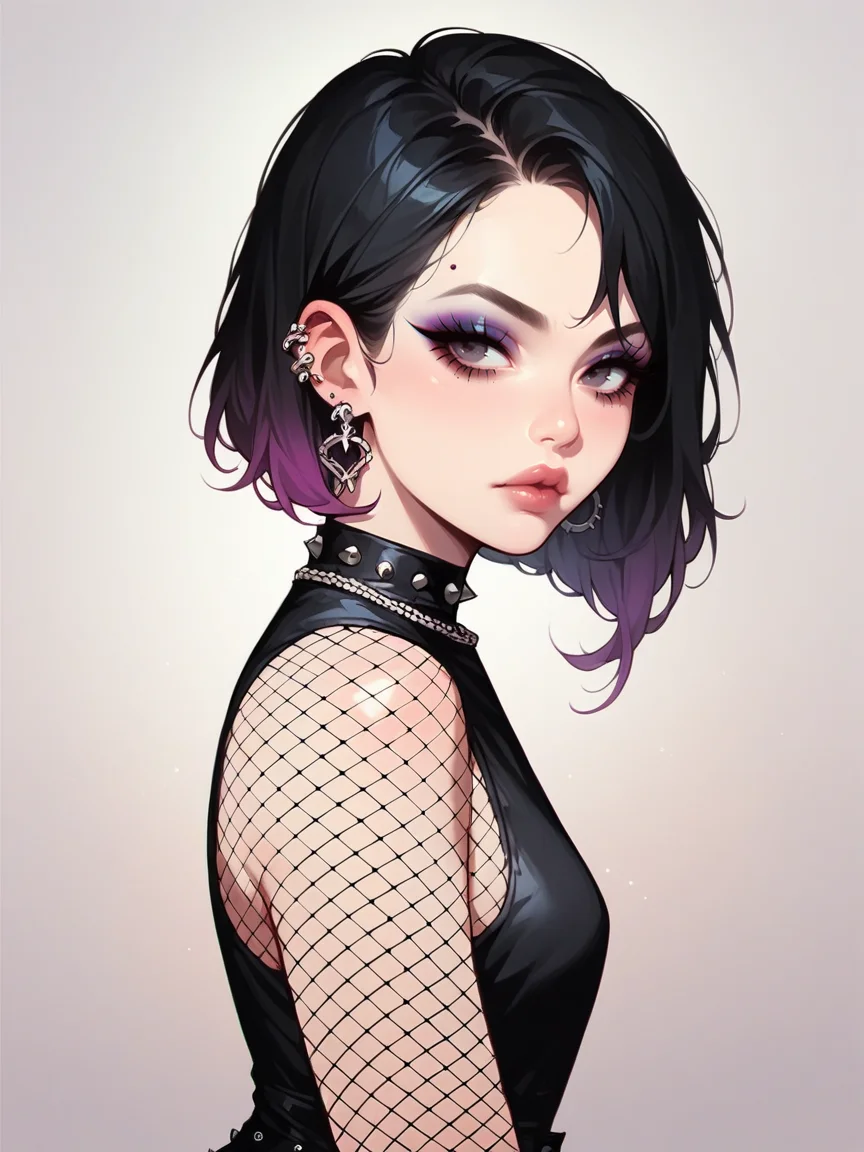 source_anime, score_9, score_8_up, score_7_up, score_6_up, score_5_up, <lora:egirlXLP:0.8> egirl, 1girl, solo, makeup, black hair, gradient hair, ear piercing, eyeshadow, fishnet pantyhose,