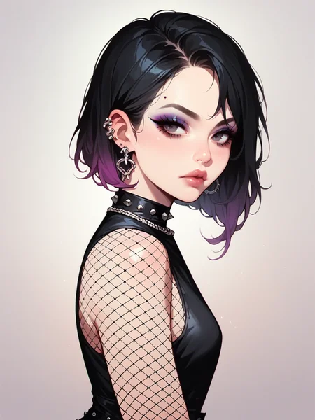 source_anime, score_9, score_8_up, score_7_up, score_6_up, score_5_up, <lora:egirlXLP:0.8> egirl, 1girl, solo, makeup, black hair, gradient hair, ear piercing, eyeshadow, fishnet pantyhose,