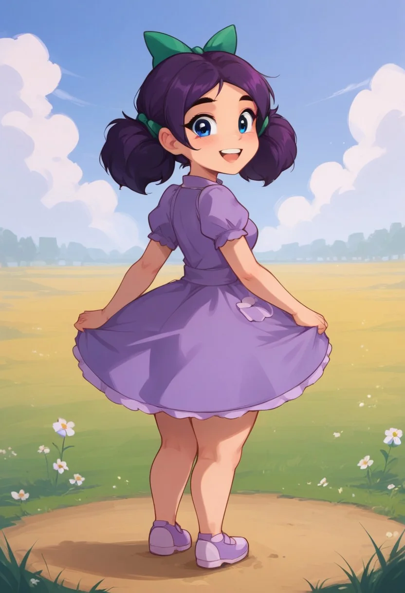 Score_9_up, score_8_up, score_7_up, (detailed face and eyes:1), Expressiveh, source_cartoon, dop style, looking at viewer, 1girl, small body, Short stature, chibi, thick thighs, narrow waist, small breasts, big ass, huge ass, standing, perfect teeth, smile, open eyes, perfect eyes, dressed, fully clothed, full body, 5 fingers, back pose, from back, back side
BREAK: in a farm, blue sky, Sunny, clouds, grass
BREAK: 1 girl, solo, jas_stardew, purple hair, hairbow, twintails, blue eyes, purple dress