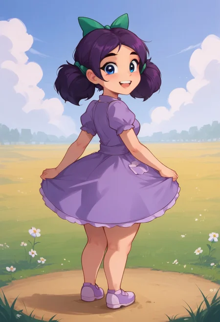 Score_9_up, score_8_up, score_7_up, (detailed face and eyes:1), Expressiveh, source_cartoon, dop style, looking at viewer, 1girl, small body, Short stature, chibi, thick thighs, narrow waist, small breasts, big ass, huge ass, standing, perfect teeth, smile, open eyes, perfect eyes, dressed, fully clothed, full body, 5 fingers, back pose, from back, back side
BREAK: in a farm, blue sky, Sunny, clouds, grass
BREAK: 1 girl, solo, jas_stardew, purple hair, hairbow, twintails, blue eyes, purple dress