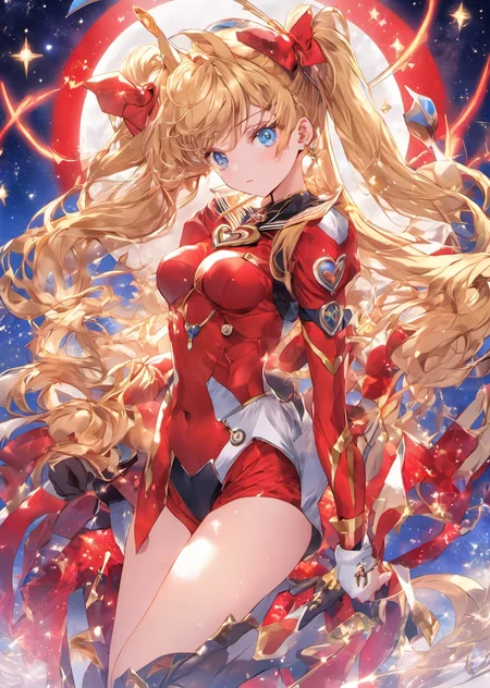 ((masterpiece)), (best quality), highres, ultra-detailed,
anime stiyle, 1girl, blonde hair, blue sailor collar, boots, brooch, choker, crescent, crescent earrings, double bun, earrings, hair ornament, hairpin, heart choker, holding wand, jewelry, long hair, magical girl, red choker, sailor collar, solo, tiara, tsukino usagi:1.2, twintails, bodysuit, bracer, breasts, cowboy shot, pilot suit:1.2, plugsuit, red bodysuit, souryuu asuka langley, standing, tape, turtleneck