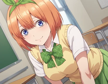 score_9, score_8_up, score_7_up, source_anime,
yotsubanakano, <lora:yotsuba-nakano-s1-ponyxl-lora-nochekaiser:1>,
yotsuba nakano, bangs, short hair, blue eyes, hair between eyes, hair ribbon, hairband, orange hair, green ribbon, mature female,
skirt, shirt, bow, ribbon, school uniform, white shirt, short sleeves, pleated skirt, collared shirt, miniskirt, bowtie, kneehighs, green skirt, green bow, sweater vest, green ribbon, yellow sweater vest,
indoors, classroom, bent over, smile,
looking at viewer, cowboy shot, dutch angle, solo,