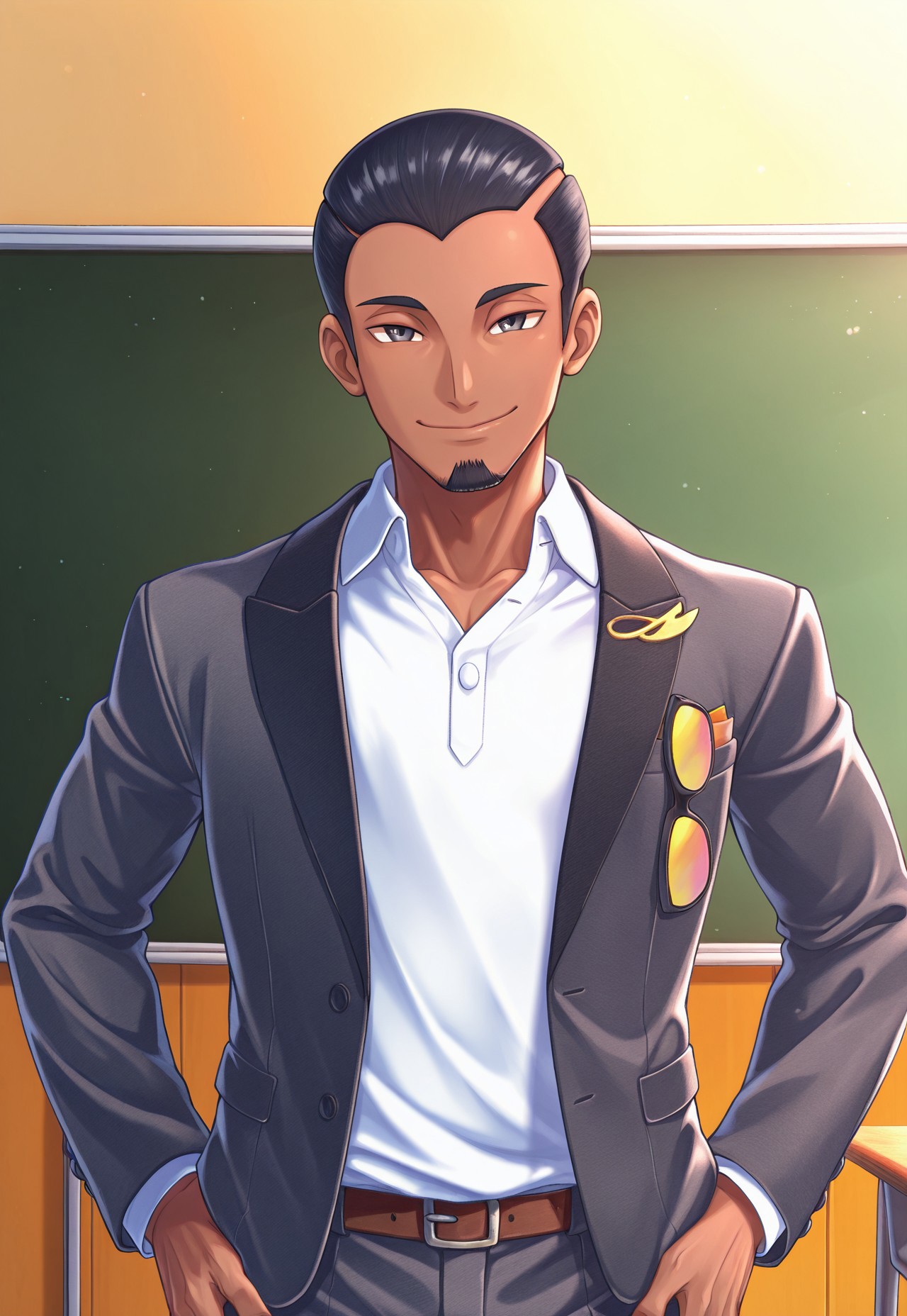 solo, masterpiece, detailed, ultra hd, best quality, 1boy, male, official art, w0lfc0nf, modern, new, masculine face, daddy looking face

PokeSalvatore, black hair, dark skin, facial hair, jacket, white shirt, hands on hips, looking at viewer, smiling, classroom, anime