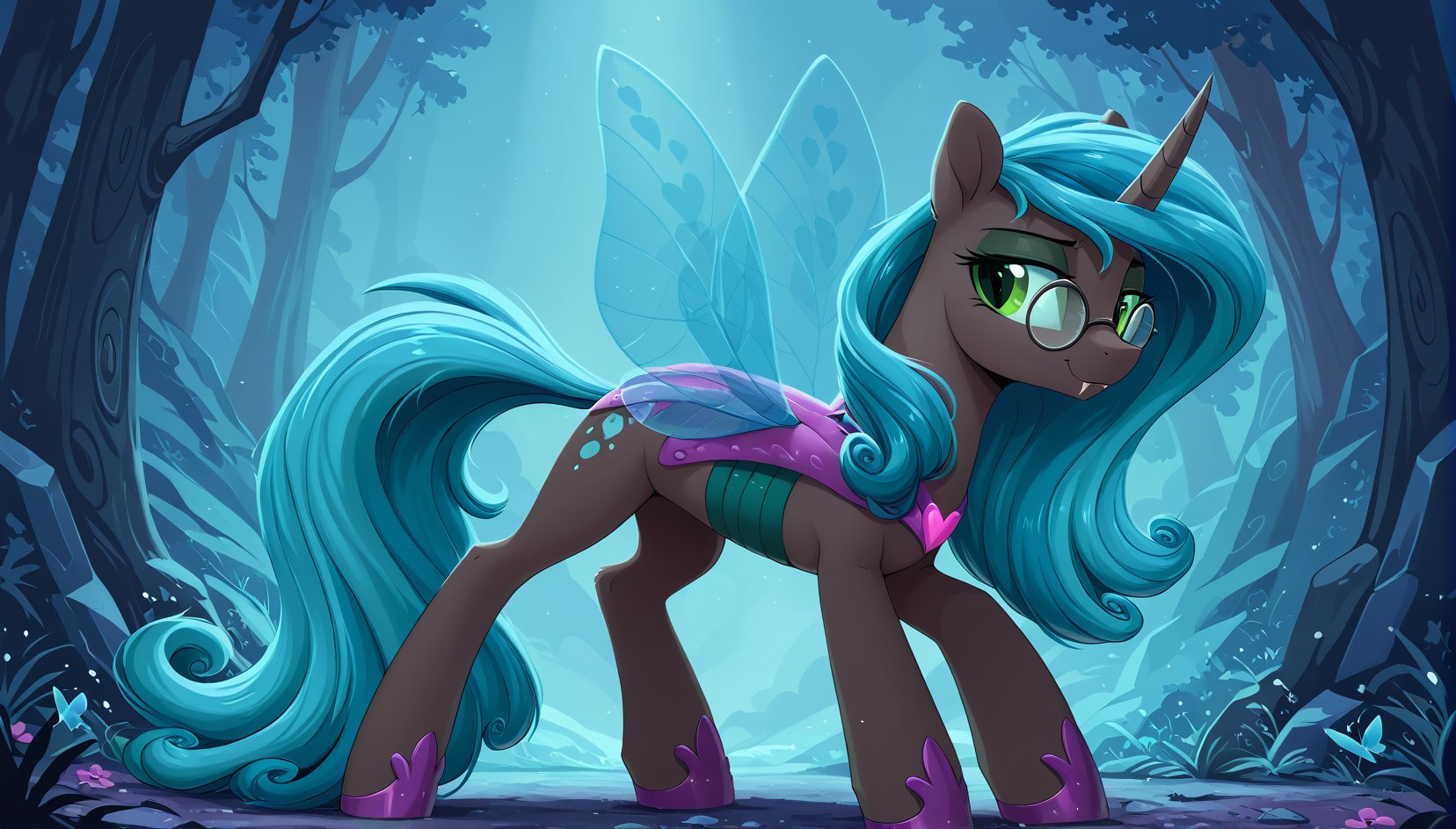 solo,resolution,masterpiece,high resolution,duo,my little pony,friendship is magic resolution,masterpiece,high resolution,solo,wild,pony  spring,one on the left and one on the right,ADDCOMM,
glasses Changelings Reversalis,a werewolf pony,black body,green eyes with slit pupils,She has a long turquoise mane with curly ends. She has a sharp black horn,holey sail-like wings with a pattern of hearts on the edges,TRANSPARENT BUTTERFLY WINGS,<lora:Reversalis44:1>,
<lora:Wholesome-MLP-v1.4b:1>,
