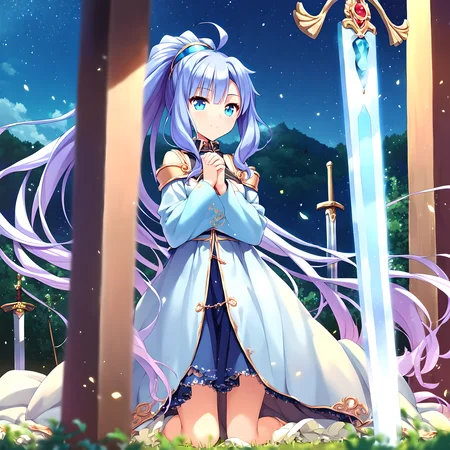 <lora:pony_xl_ubw:0.9>,score_9,score_8_up,score_7_up,source_anime,<lora:pony_xl_Priscilla:0.9>,Priscilla,shiny light blue dress,weapon,sword,planted,planted sword,nature,night_sky,star_trail,starry_sky,hills,particles of light,praying,kneeling,knees_together_feet_apart,front view,