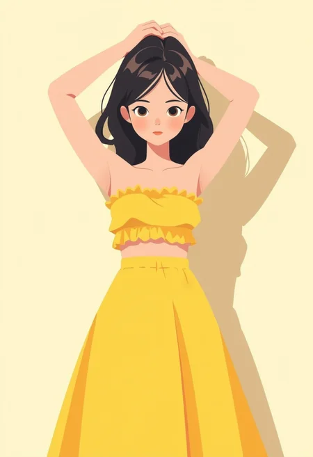 anime, cartoon, 2d flat illustration, young woman with black hair in a frilled yellow tubetop and yellow long skirt, hands over head, stretching, shadow on the wall