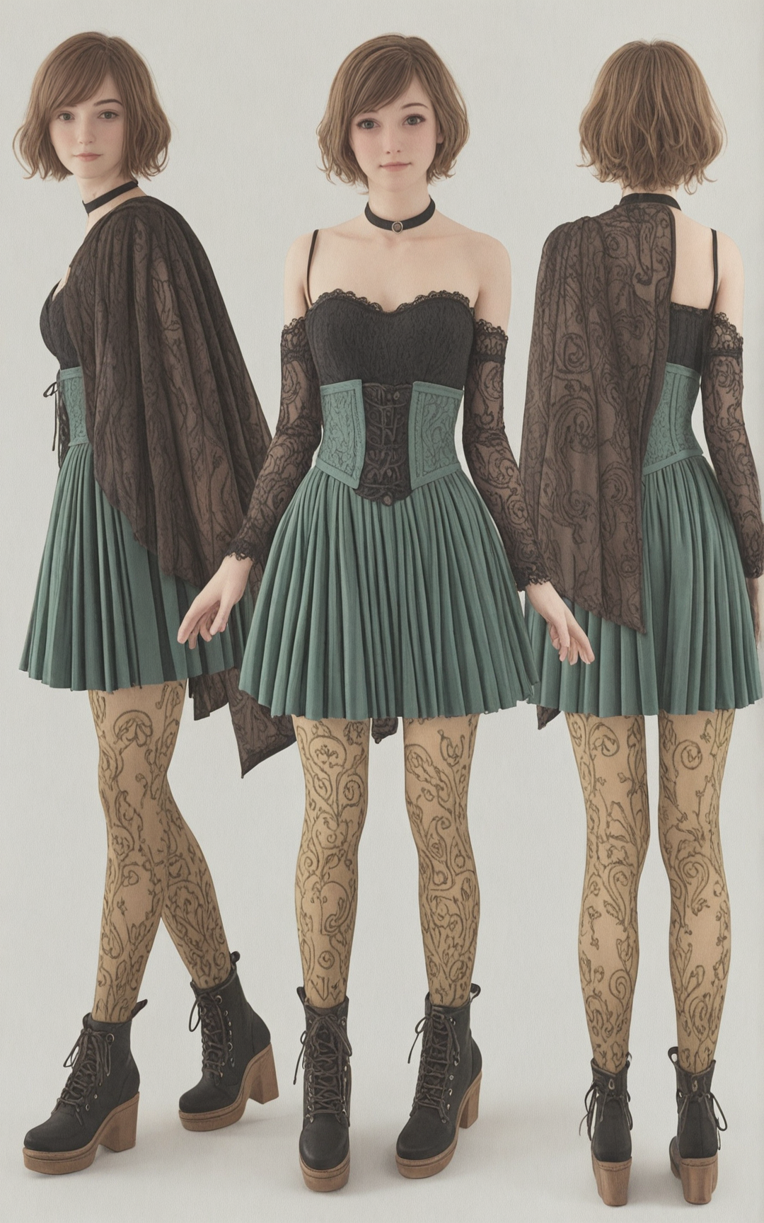 <lora:Skin Color_alpha1.0_rank4_noxattn_250steps:-4>,,(multiple_views:1.4),(multiple views:1.4), front,back,side,(from below:1.4),(upskirt:1),A 29 year old Women,dark green eyes,nose piercing,(short Brunette hair),curly hairs Side-Swept Bangs  with shaved sides style,troll face expression,medium hard breasts,Dressed in a create powerful and varying colors patterns Mustard and Olive Opaque   (tights:1.2), paired with a high-waisted skirt featuring lace trim, a fitted corset top with ribbon detailing, and a long velvet cloak worn over the top. Platform boots and a gothic choker complete the look,A vibrant scene of the lush hills surrounding Lake Xolotlan in Nicaragua, with colorful boats dotting the calm waters, The scene is set during sunset, with warm light enhancing the colors of the landscape, The atmosphere is serene and picturesque, perfect for capturing the beauty of the lake,