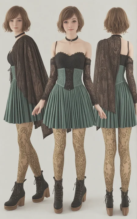 <lora:Skin Color_alpha1.0_rank4_noxattn_250steps:-4>,,(multiple_views:1.4),(multiple views:1.4), front,back,side,(from below:1.4),(upskirt:1),A 29 year old Women,dark green eyes,nose piercing,(short Brunette hair),curly hairs Side-Swept Bangs with shaved sides style,troll face expression,medium hard breasts,Dressed in a create powerful and varying colors patterns Mustard and Olive Opaque (tights:1.2), paired with a high-waisted skirt featuring lace trim, a fitted corset top with ribbon detailing, and a long velvet cloak worn over the top. Platform boots and a gothic choker complete the look,A vibrant scene of the lush hills surrounding Lake Xolotlan in Nicaragua, with colorful boats dotting the calm waters, The scene is set during sunset, with warm light enhancing the colors of the landscape, The atmosphere is serene and picturesque, perfect for capturing the beauty of the lake,