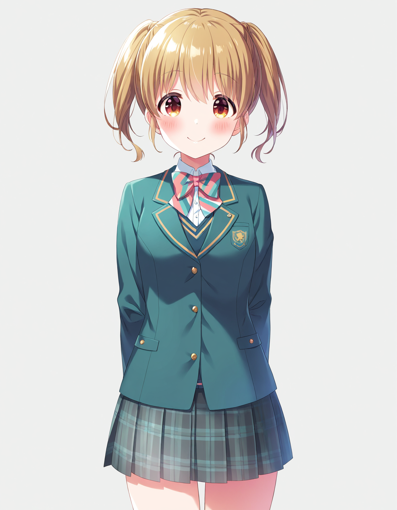 1girl, solo, cowboy shot, kawasaki sakura, idoly pride, school uniform, standing, arms behind back, looking at viewer, smile, blush, (simple background, white background), BREAK, <lora:iSakura:0.72>,
very aesthetic, high definition, amazing quality, masterpiece, best quality, highres, absurdres, sensitive, newest, anime screenshot, screencap