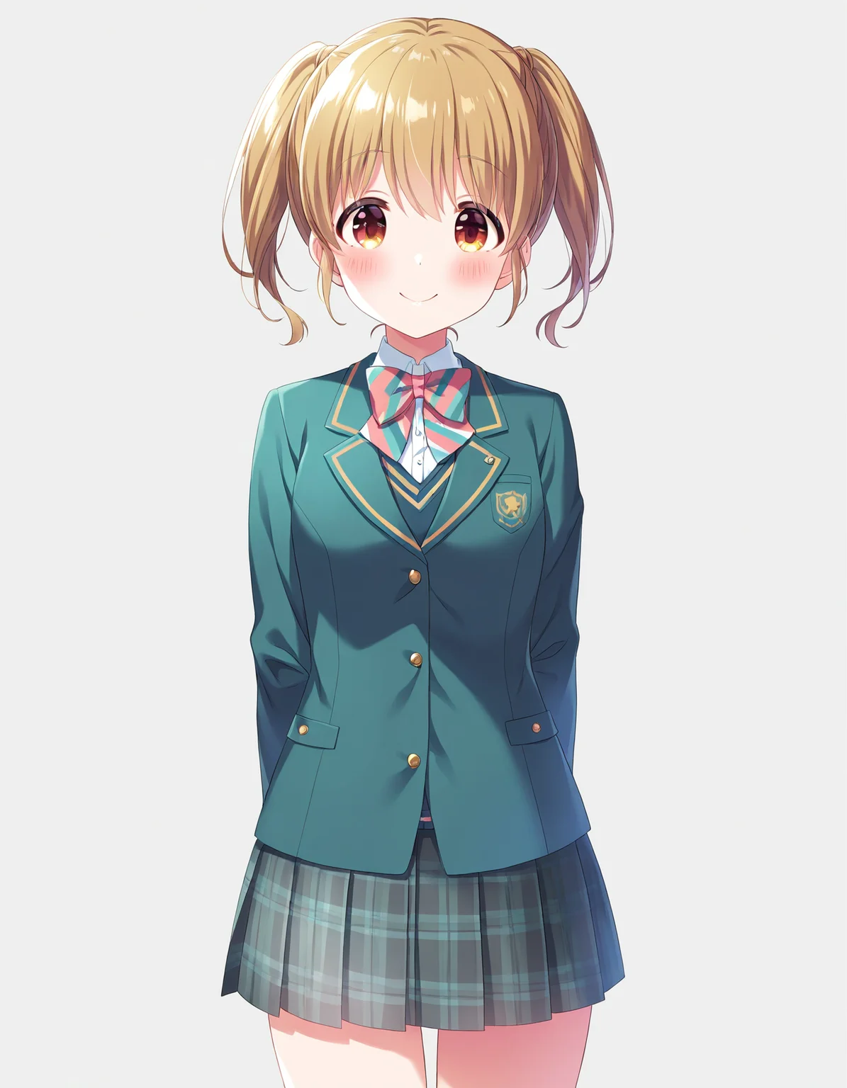 1girl, solo, cowboy shot, kawasaki sakura, idoly pride, school uniform, standing, arms behind back, looking at viewer, smile, blush, (simple background, white background), BREAK, <lora:iSakura:0.72>,
very aesthetic, high definition, amazing quality, masterpiece, best quality, highres, absurdres, sensitive, newest, anime screenshot, screencap