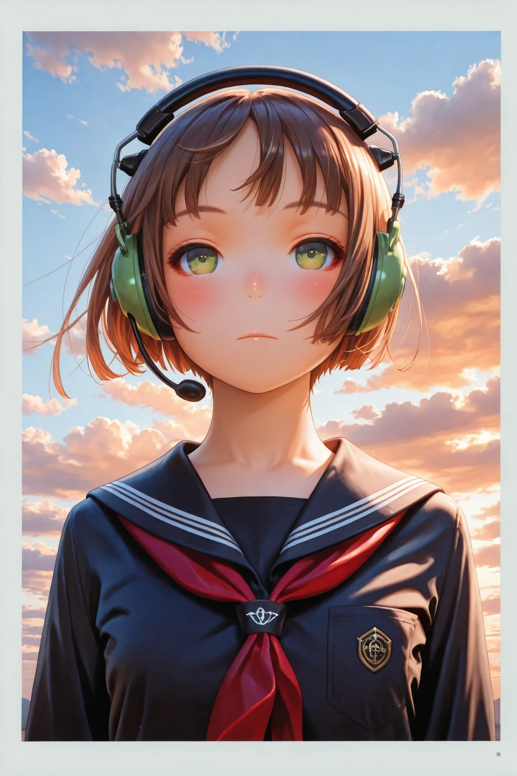 1girl,solo,outdoors,looking at viewer,school uniform,sky,day,cloud,brown hair,upper body,short hair,serafuku,green eyes,blue sky,closed mouth,red neckerchief,sailor collar,neckerchief,long sleeves,cloudy sky,bob cut,expressionless,blush,border,black serafuku,black sailor collar,shirt,black shirt,pocket,headset,traditional media,
<lora:Range Murata_illustriousXL:1.2>,
