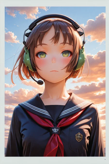1girl,solo,outdoors,looking at viewer,school uniform,sky,day,cloud,brown hair,upper body,short hair,serafuku,green eyes,blue sky,closed mouth,red neckerchief,sailor collar,neckerchief,long sleeves,cloudy sky,bob cut,expressionless,blush,border,black serafuku,black sailor collar,shirt,black shirt,pocket,headset,traditional media,
<lora:Range Murata_illustriousXL:1.2>,