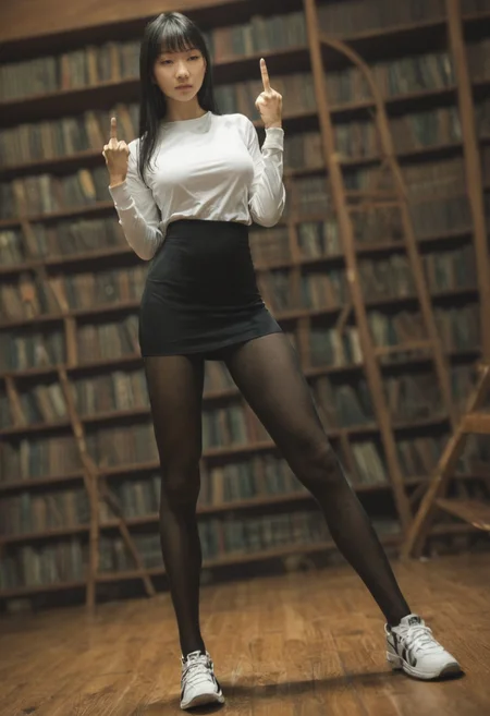 dutch angle, of (asian:1.1) 1girl, 20 years old,  long slik black hair with bangs, long legs, fitness body type, slim , white shirt , black plised mini skirt and  black pantyhose, white sneakers, in dark  library, (showing middle finger to camera:1.1), crouch down, .score_9, score_8_up, score_7_up,score_6_up, rating_explicit
