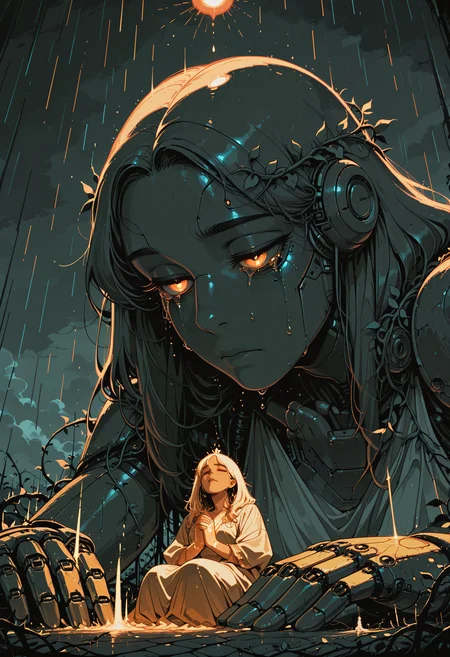 embedding:IllusP0s, codex sss chroma
1girl, solo, extreme_contrast_in_size, closeup, dramatic_lighting, giant, robot_hand, sitting, praying, looking_up, tiny_figure, detailed_hand, glowing_lines_on_hand white_dress, tears, raining, sky_background, clouds, vines_on_hand pixel-art, pixel_art, pixel
