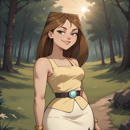score_9, score_8, BREAK, solo, brown hair, long hair, lips, yellow sleeveless top, belt, white skirt, black high heel boots, yellow bracelet, breasts, total drama, TaylorTD, sexy pose, self portrait, smile, outdoors, sunlight, shadows, evening lighting, natural lighting, forest, trees, grass, orange sky, sunset