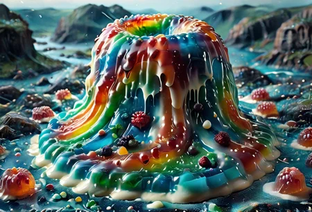 high quality, (Domination of the blue color:2), Jellystyle, stone bridge<lora:bad_prompt_version2-neg:1> <lora:By bad artist -neg:1> <lora:Jelly_Style:1> (rainbow color grading:1.5). (Icing milk:2). (Sugar coating :1). berry made of jelly. River of milk. ais-chocsauce Mountains. Crystallized Sugar Rain. The floor is covered with honey. Multi-colored Jellystyle cat.
(Fish) Made of gum with glowing precious stones is shown into the jello realm. From the right of the frame, the Jellystyle cat.
CastleBreizh XL Mk8 on the left.
Asymetric composition, dynamic pose, field of depth, grass in the foreground. Close-up view from below.