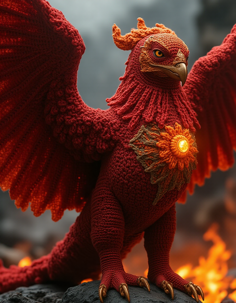 Illustrate a massive phoenix clad in ral-kntarmr, its fiery plumage interwoven with intricate crochet armor in shades of deep red, orange, and gold. The armor has flame-shaped embellishments and flows seamlessly along its wings and chest. The phoenix rises from glowing embers, its armor glowing faintly in the dim, smoky air
<lora:ral-kntarmr-flux:1>