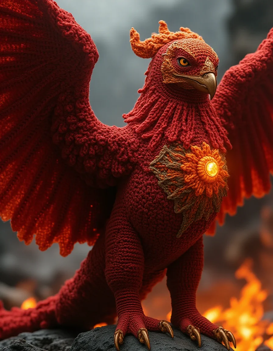 Illustrate a massive phoenix clad in ral-kntarmr, its fiery plumage interwoven with intricate crochet armor in shades of deep red, orange, and gold. The armor has flame-shaped embellishments and flows seamlessly along its wings and chest. The phoenix rises from glowing embers, its armor glowing faintly in the dim, smoky air
<lora:ral-kntarmr-flux:1>