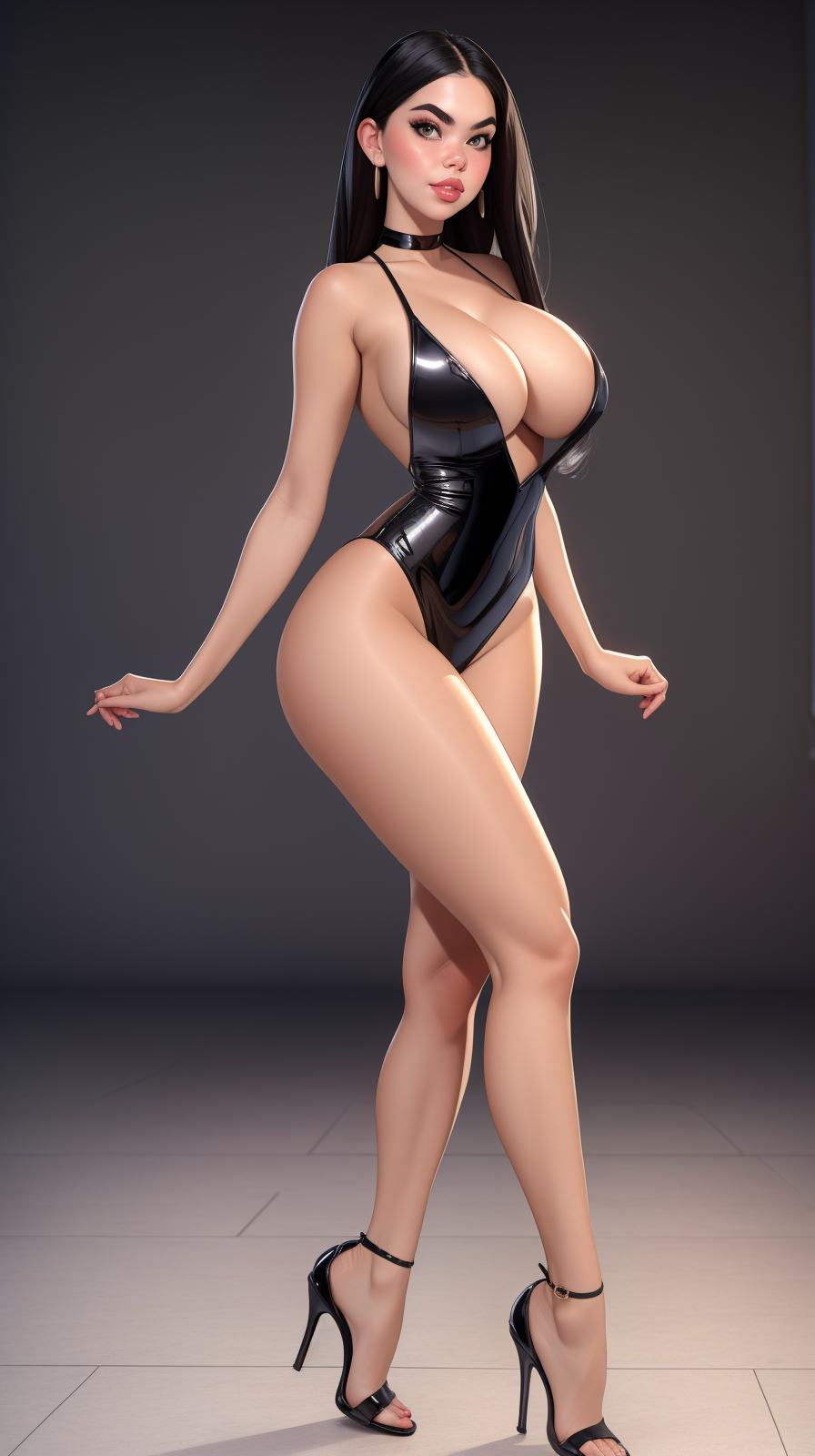 high detailed, masterpiece, DV_The_Final_Vicious in black dress and high heel uplaced sandals, face mask, perfect hands, big breast, wide hips, thick thighs, posing sexy, looking at viewer, pin up pose, simple scene, shinny floor, <lora:Ch4v3zStyle:0.7>