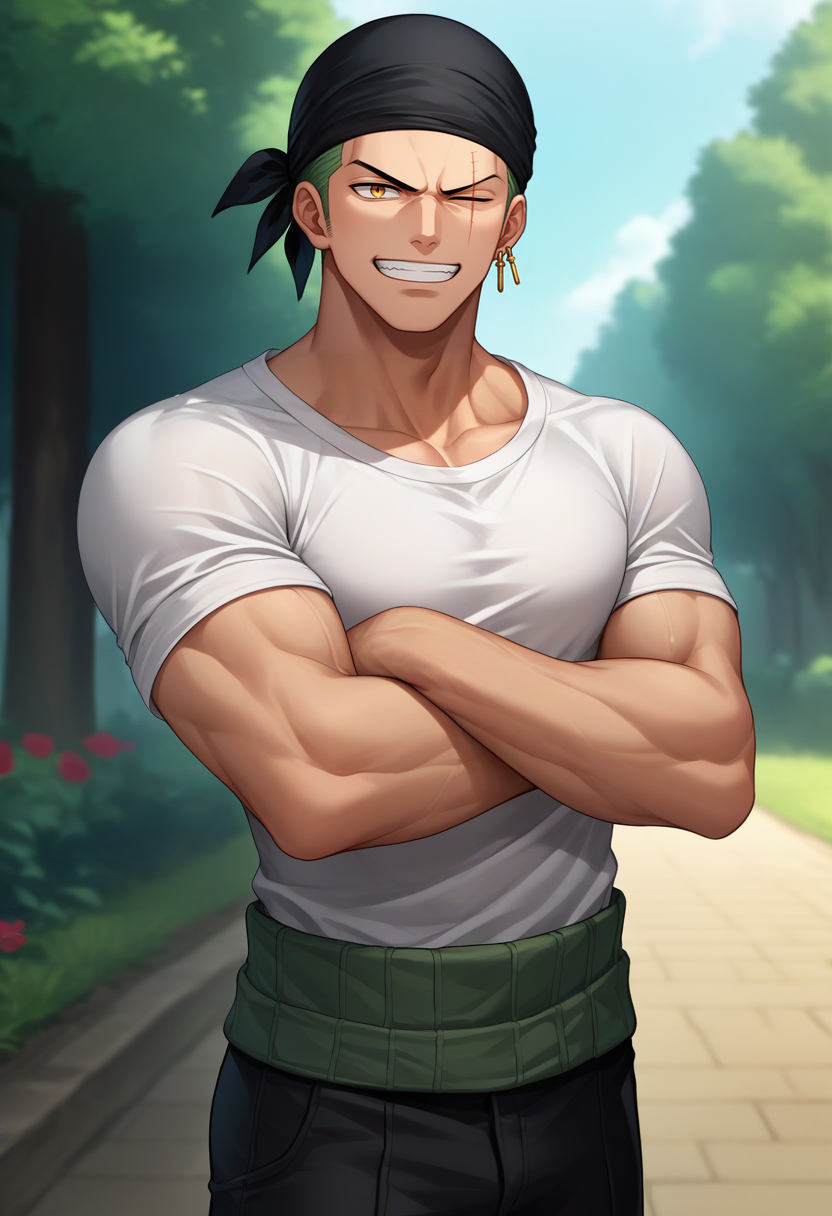 score_9, score_8_up, score_7_up, source_anime, solo, male focus, 1boy, roronoazoro, muscular, scar across eye, grin, looking at viewer, crossed arms, black bandana, one eye closed, white shirt, haramaki, short sleeves, black pants, single earring, outdoors <lora:onepiece_roronoazoro_ponyXL:1>