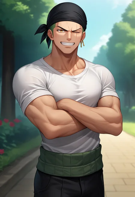 score_9, score_8_up, score_7_up, source_anime, solo, male focus, 1boy, roronoazoro, muscular, scar across eye, grin, looking at viewer, crossed arms, black bandana, one eye closed, white shirt, haramaki, short sleeves, black pants, single earring, outdoors <lora:onepiece_roronoazoro_ponyXL:1>