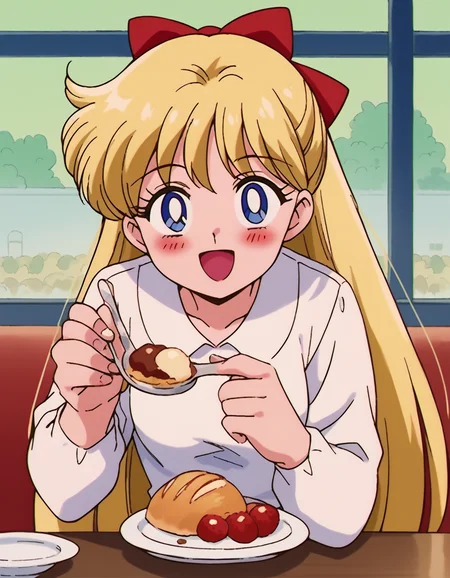 score_9, score_8_up, score_7_up, source_anime, <lora:minako-aino-s3-ponyxl-lora-nochekaiser:1>, minako aino, blonde hair, blue eyes, bow, hair bow, half updo, long hair, red bow, tiara, medium breasts,, <lora:incoming-spoon-ponyxl-lora-nochekaiser:1> incoming food, spoon, holding, holding spoon, food, looking at viewer, open mouth, blush, smile, restaurant, plate, hand up,, ,