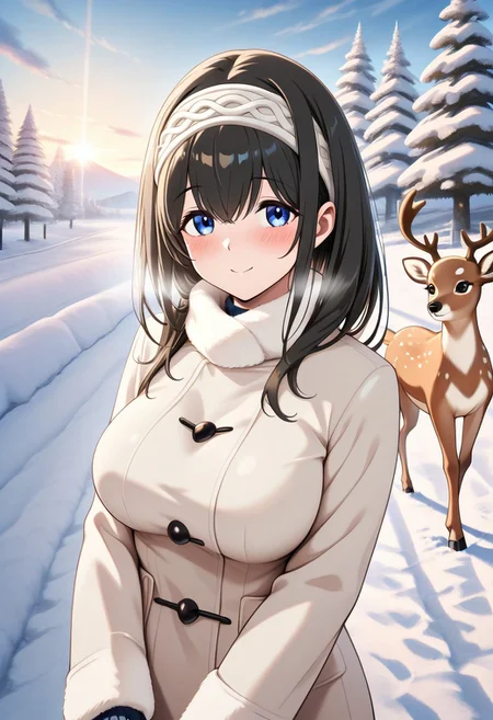 masterpiece, best quality, newest, absurdres, highres, anime,
fumika sagisawa, blue eyes, black hair, long hair, large breasts,
blush, smile,
winter clothes,
1girl, solo,
outdoors, winter,
Animal Christmas, cute animal, deer,
dutch angle,