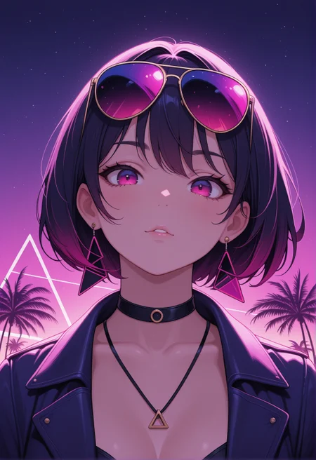 <lora:ck-neon-retrowave-IL-000012:1>, in the style of ck-rw, portrait of 1girl woman wearing fancy sunglasses, seducive, palm trees, triangle, sundown, stary night, 
masterpiece,best quality,amazing quality