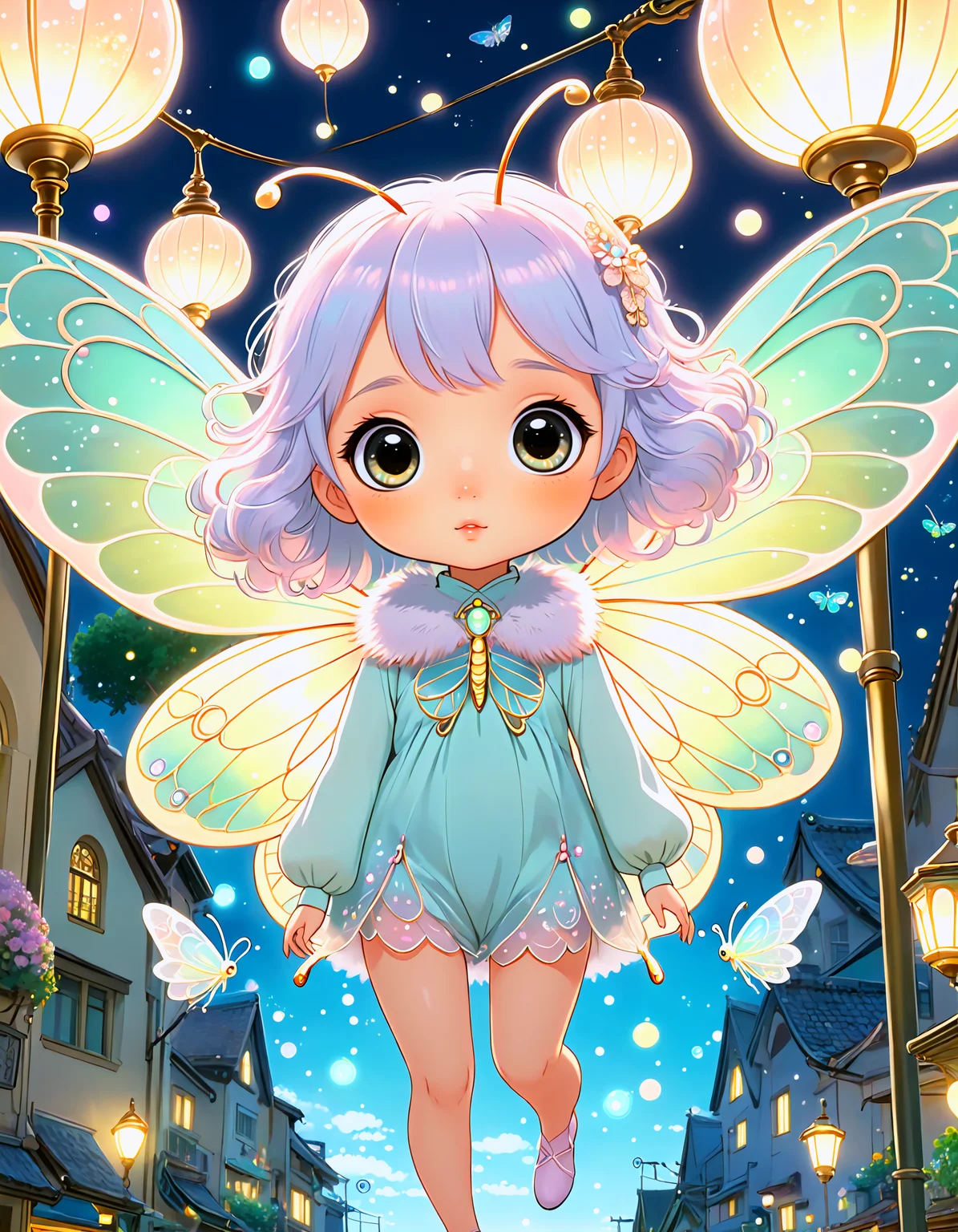 studio ghibli, thicker outline
anime screencap, small chibi moth girl, big luminous eyes, delicate antennae, soft fuzzy wings, pastel colors, intricate wing patterns, detailed moth fur, whimsical, fluttering around a glowing street lamp, surrounded by glowing orbs, highly detailed, whimsical atmosphere, wide shot, top-down angle