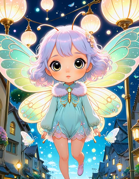 studio ghibli, thicker outline
anime screencap, small chibi moth girl, big luminous eyes, delicate antennae, soft fuzzy wings, pastel colors, intricate wing patterns, detailed moth fur, whimsical, fluttering around a glowing street lamp, surrounded by glowing orbs, highly detailed, whimsical atmosphere, wide shot, top-down angle