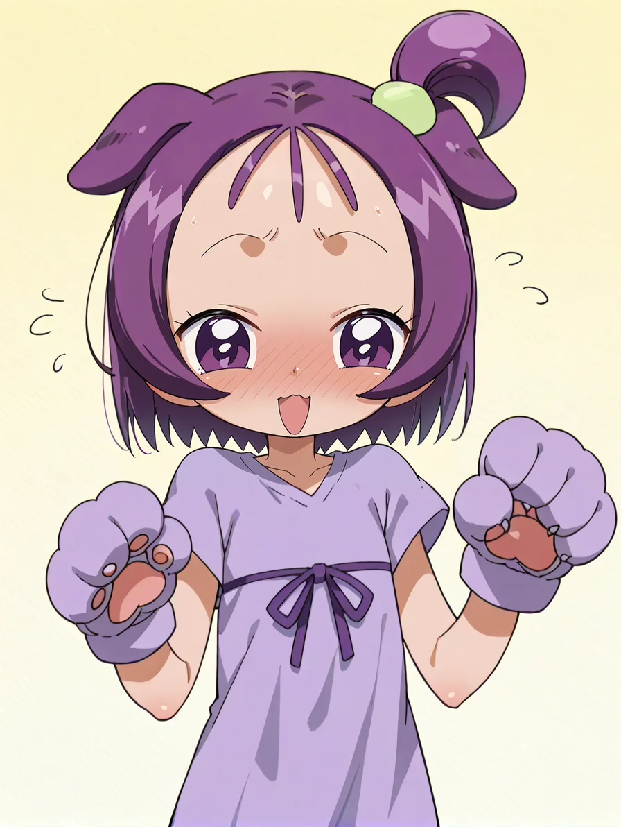 score_9, score_8_up, score_7_up, score_6_up, score_5_up, score_4_up,source_anime,anime screencap,1girl,flat chested,glistening body,shiny_skin,dewy skin,BREAK
<lora:onpuchan_v3:0.9> onpusegawa, short hair, purple hair, one side up, purple eyes, hair ornament, shirt, dress,paw pose,big paw gloves, big paw boots, dog ears,embarrassed, (smile:0.8)looking at viewer, full face blush,open mouth, hands_up