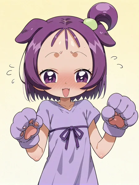 score_9, score_8_up, score_7_up, score_6_up, score_5_up, score_4_up,source_anime,anime screencap,1girl,flat chested,glistening body,shiny_skin,dewy skin,BREAK
<lora:onpuchan_v3:0.9> onpusegawa, short hair, purple hair, one side up, purple eyes, hair ornament, shirt, dress,paw pose,big paw gloves, big paw boots, dog ears,embarrassed, (smile:0.8)looking at viewer, full face blush,open mouth, hands_up